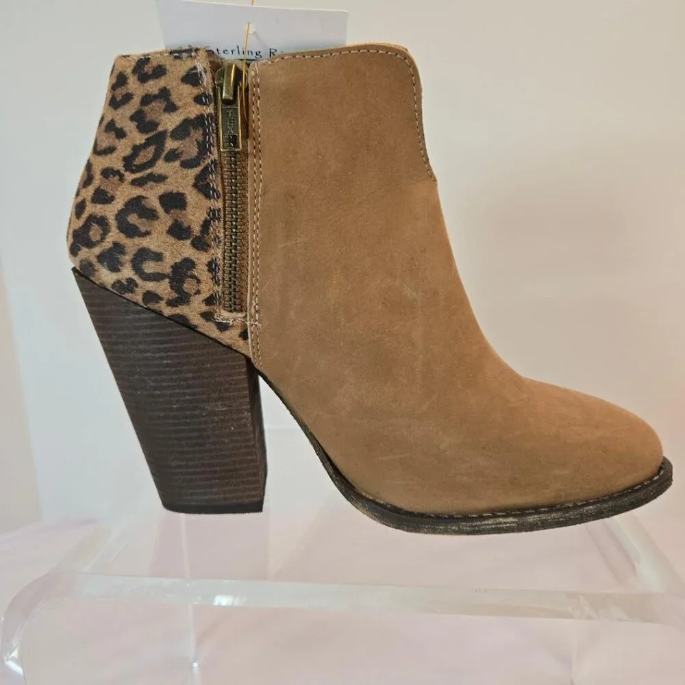 STERLING RIVER Forge Suede Camel/Leopard Rounded Ankle Boots Sz: 9.5